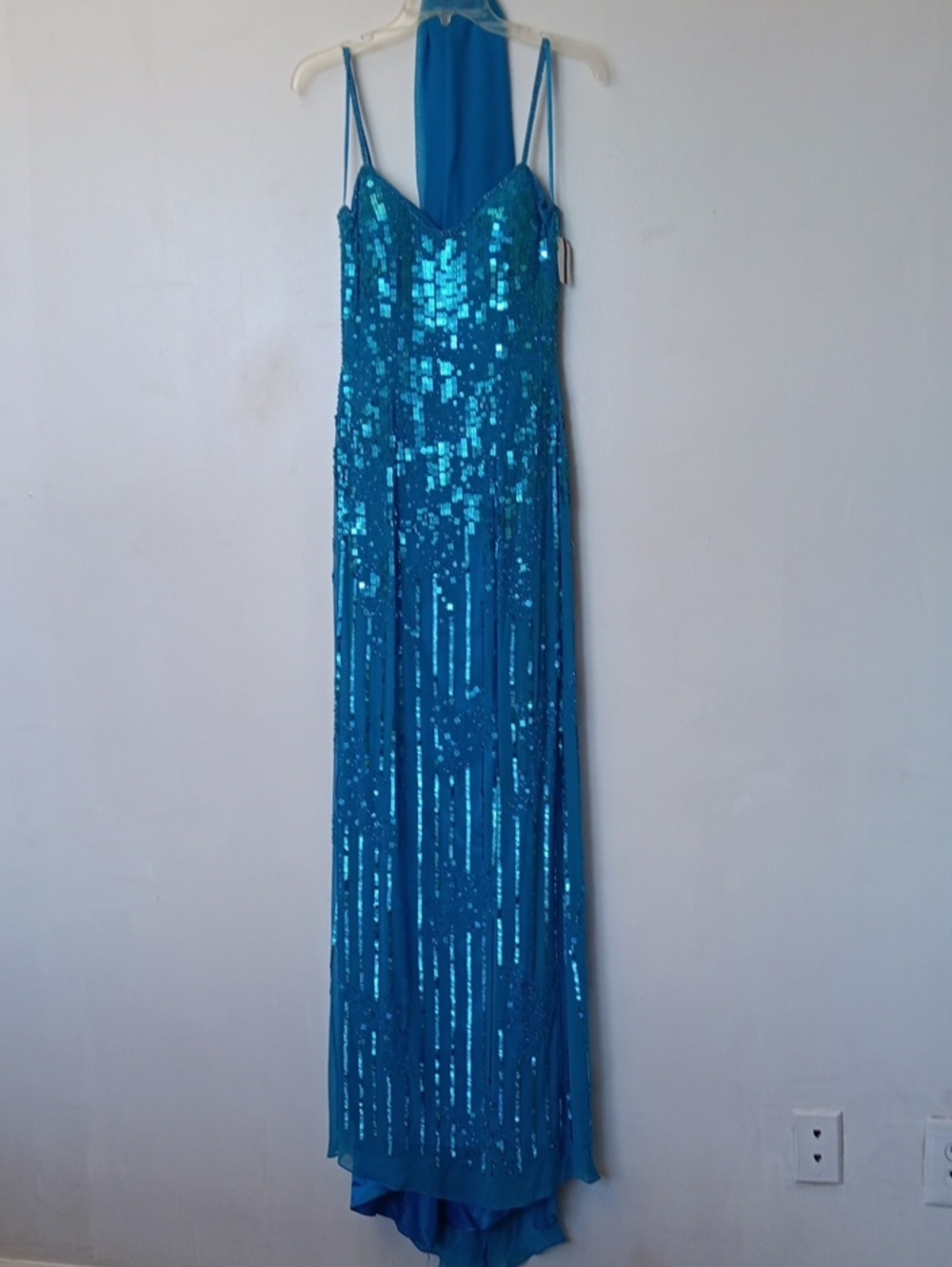 Vintage Turquoise Sequin Spaghetti-Strap Maxi Dress